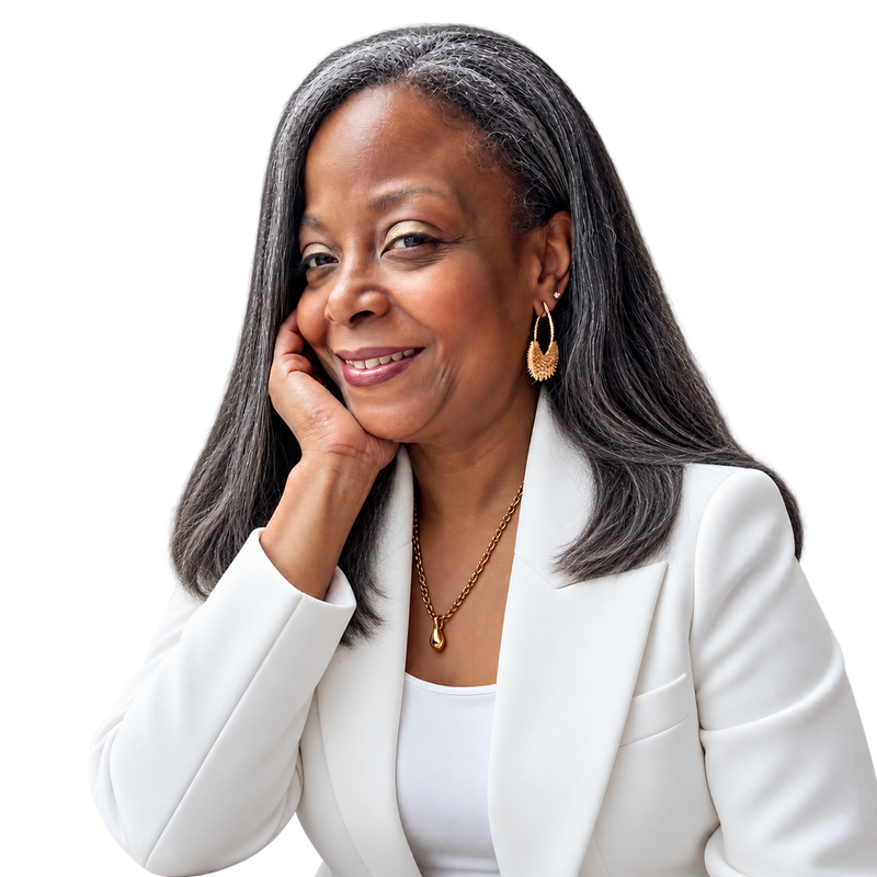 Lisa Lang Blakeney in a white suit, resting her cheek on her hand