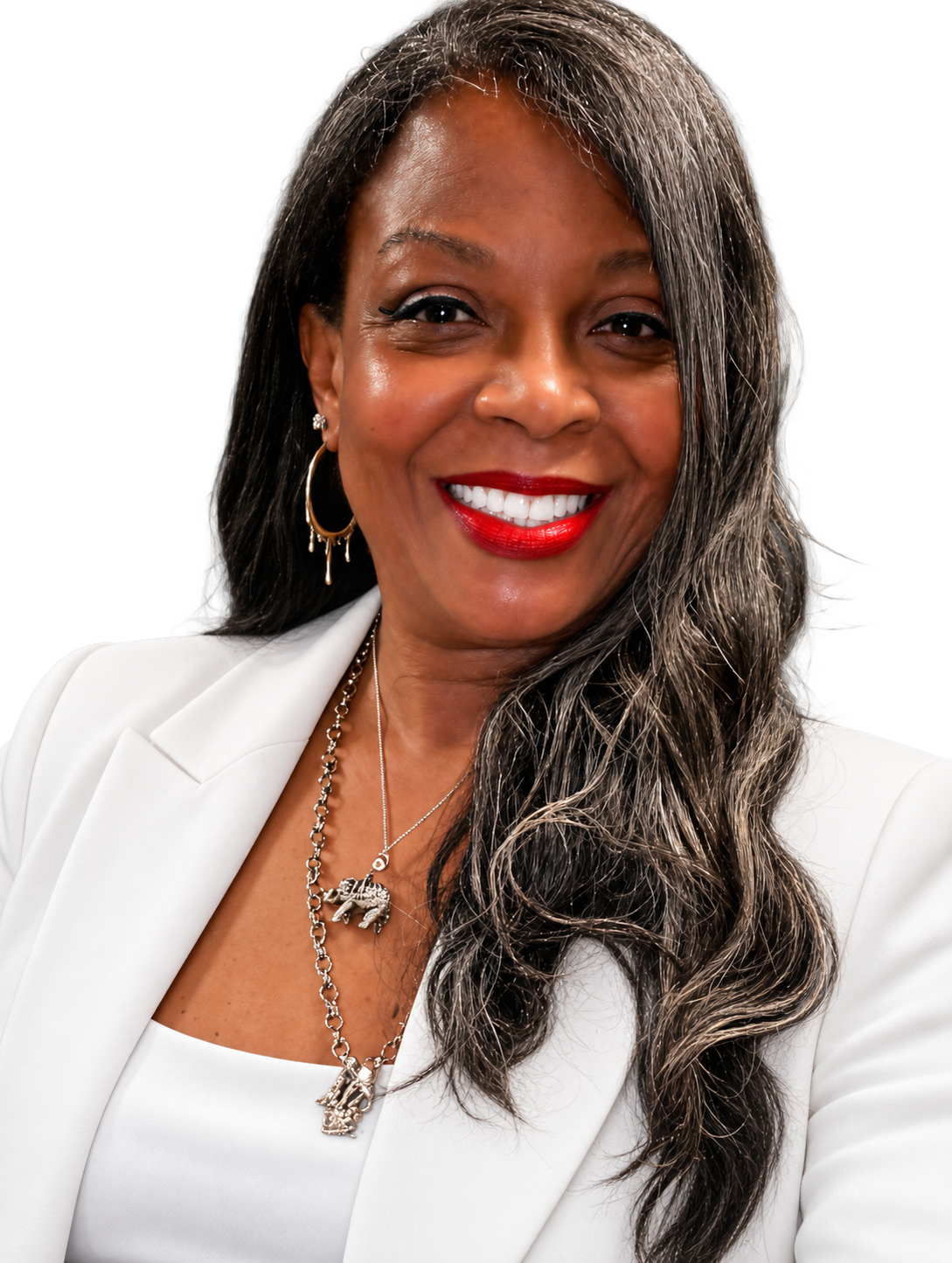 Lisa Lang Blakeney in a white suit